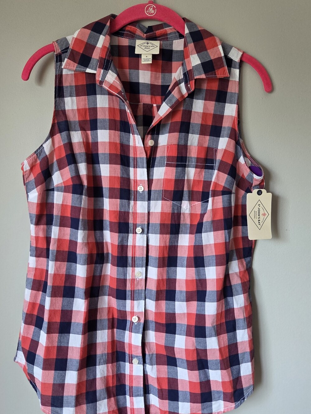 Tommy Bahama Red Navy White Plaid Sleeveless Button-Down Shirt